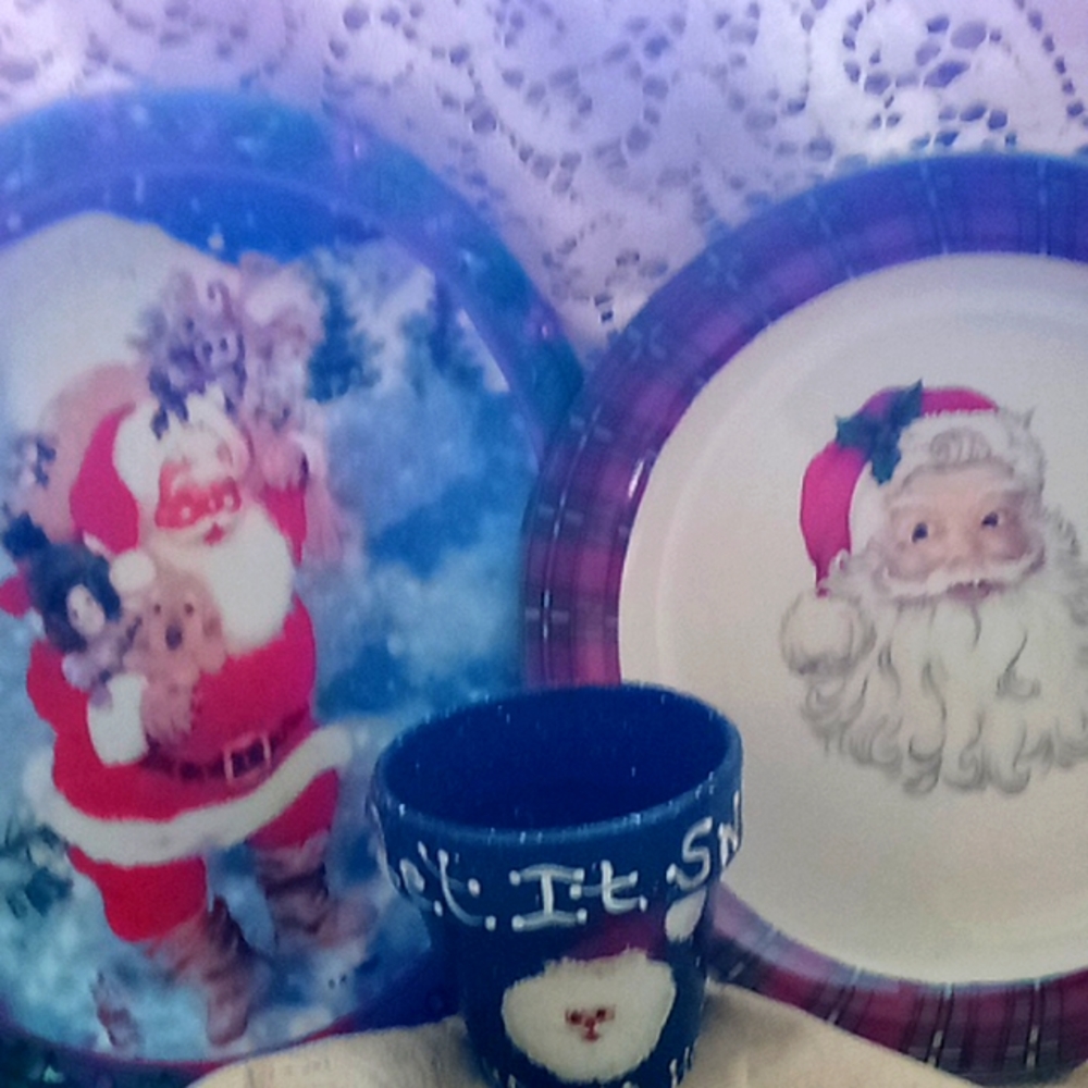 2 vintage nostalgic Santa plates and a Santa votive holder